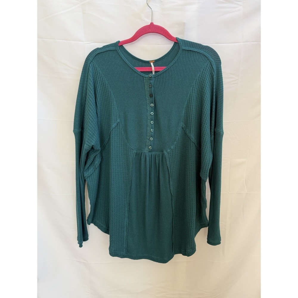 Free People White Mixed‎ Knit Henley Thermal Long Sleeve Top Aqua Size S